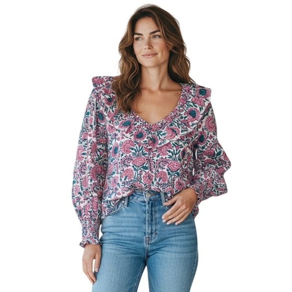 Ophelia & Indigo Floral Block Print Ruffle V-Neck Blouse Pink Teal‎ Small